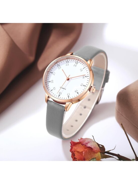 Women\'s Grey Analog Case Quartz Fashion Leather Mesh Strap Round Wrist Watch main image 4